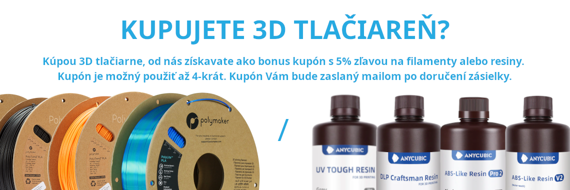 5% zľava na filamenty alebo resiny pri kúpe 3D tlačiarne